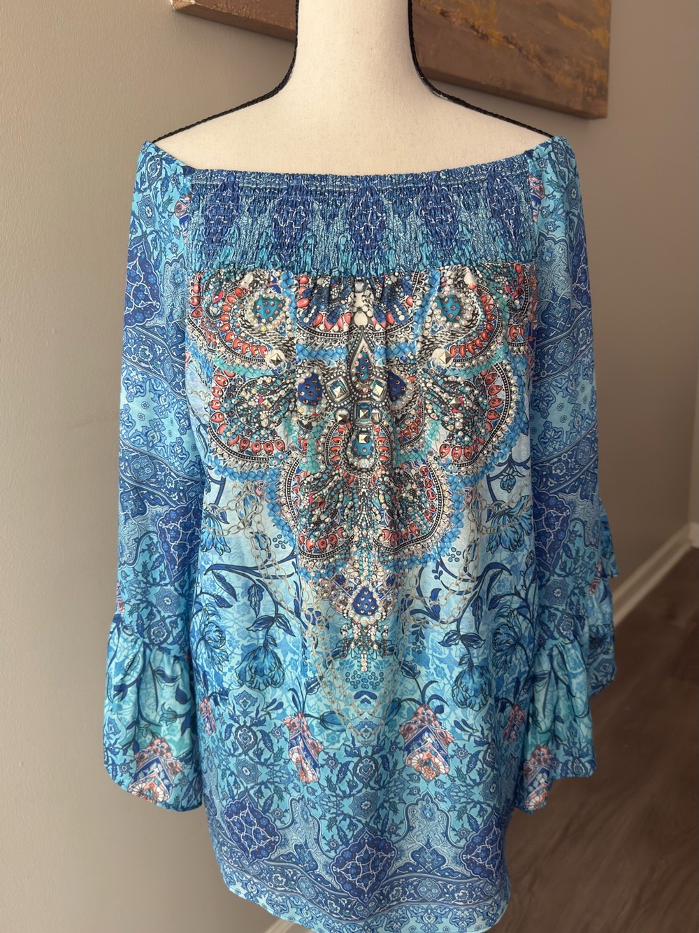 Avenue NWT Blue Boho Paisley Embellished Off Shoulder Blouse 14/16